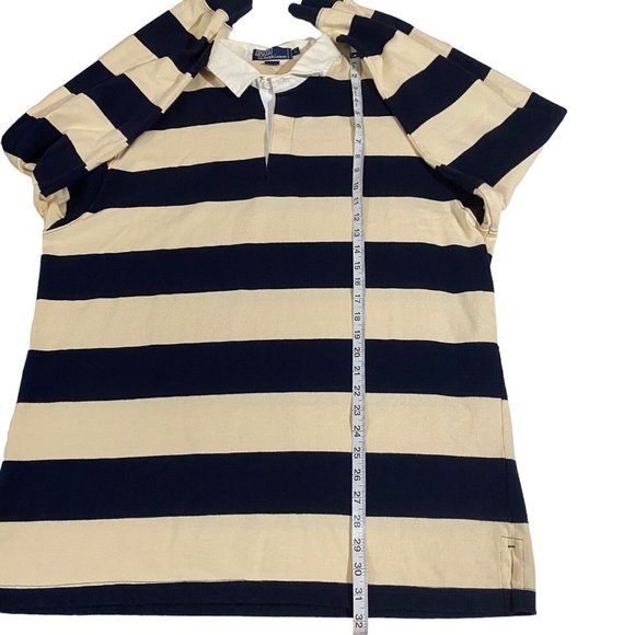 Ralph Lauren Polo Men Cream Navy Striped Red Pony Long Sleeve Rugby Polo Sz L - Picture 8 of 10